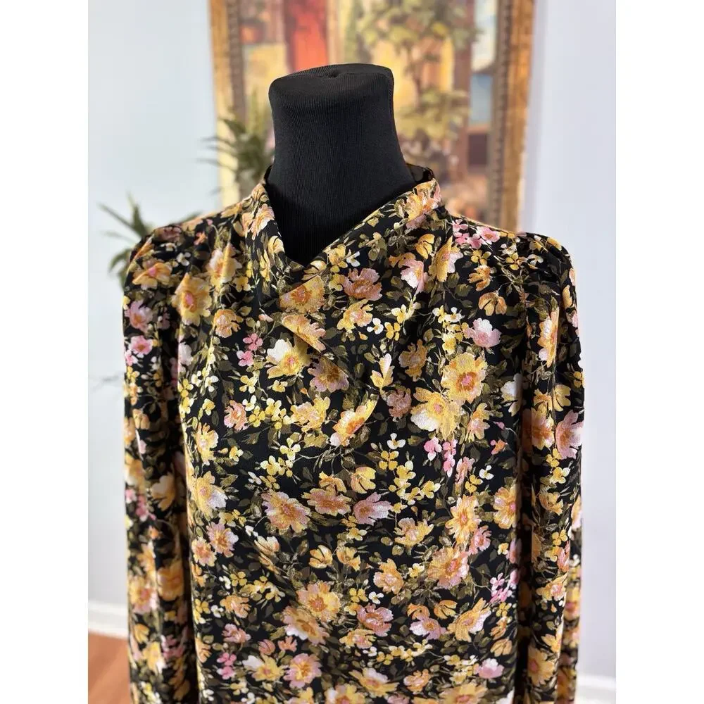 Pleione‎ Women Blouse M Retro Cottagecore Long sleeve High Keyhole Neck Boho